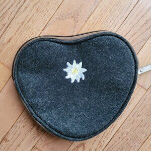 Heart-Shaped Felt Cosmetic Pouch with Edelweiss Embroidery - Dark Gray